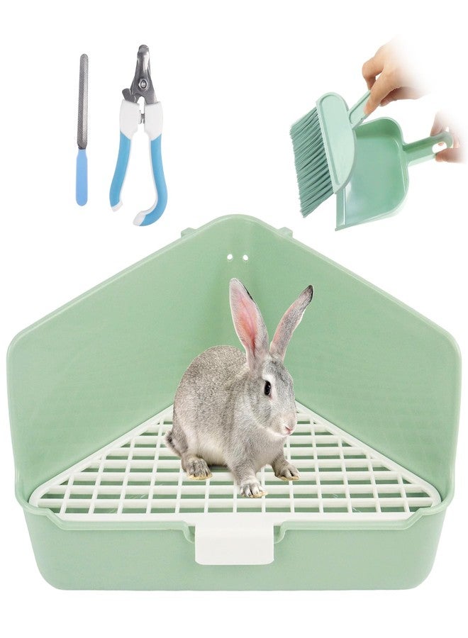 Dmnnlp Large Rabbit Litter Box 10" x 10" x 7" with Broom & Grooming Kit, Low-Entry Corner Toilet Pan for Potty Training Rabbits Bunny Guinea Pigs Ferrets (Green) - Image 1